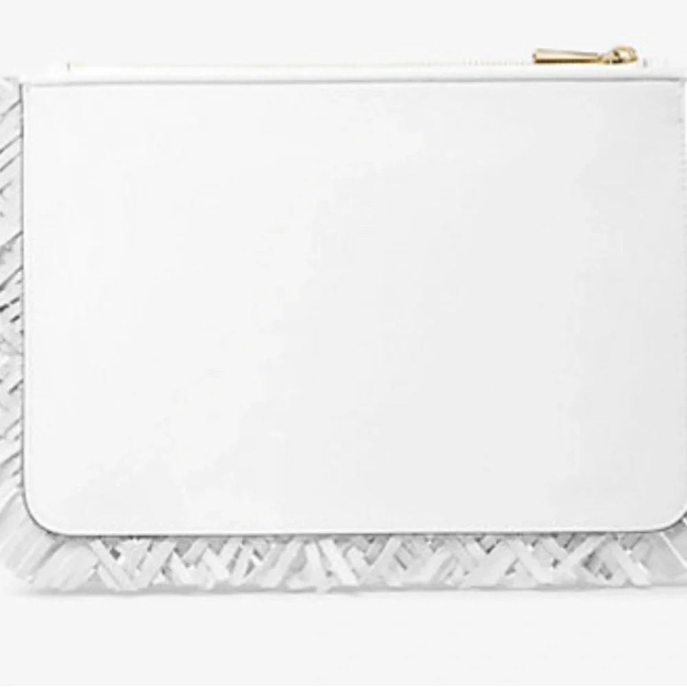 Michael Kors Jet Set Woven Leather Large Zip Pouch Clutch Wristlet in white